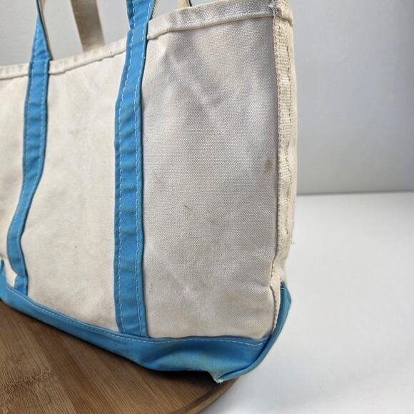 Vtg L.L.Bean Boat and Tote Bag Medium tiffany Blue Trim Canvas Open Top Made USA - Picture 2 of 16
